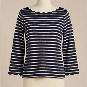 Kate Spade Scalloped Navy White Striped Scoop Boat Neck Knit Top Preppy Nautical
